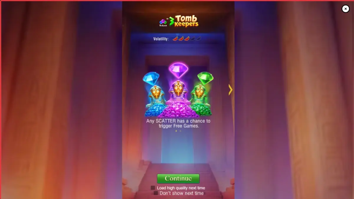 Tampilan antarmuka seluler slot 3 Tomb Keepers dengan tema makam Mesir yang gelap.