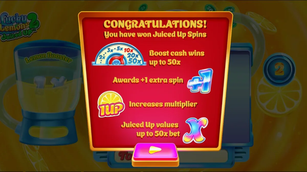 Tampilan visual slot Lucky Lemons 2 Juiced Up dengan latar belakang buah-buahan cerah
