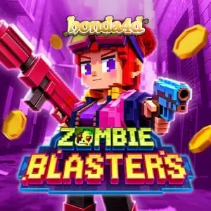 Tampilan layar permainan slot Zombie Blasters dengan grid 6x5 dan elemen visual retro arcade.